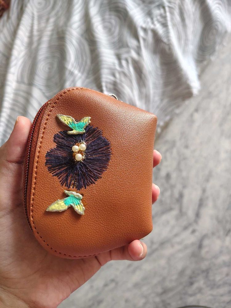 Brown Floral Pouch With Keychain Attachment