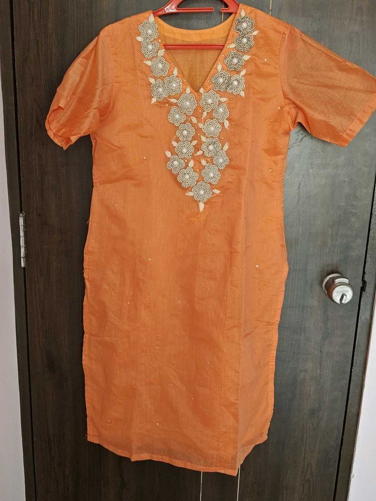 Orange Embroidered Kurti
