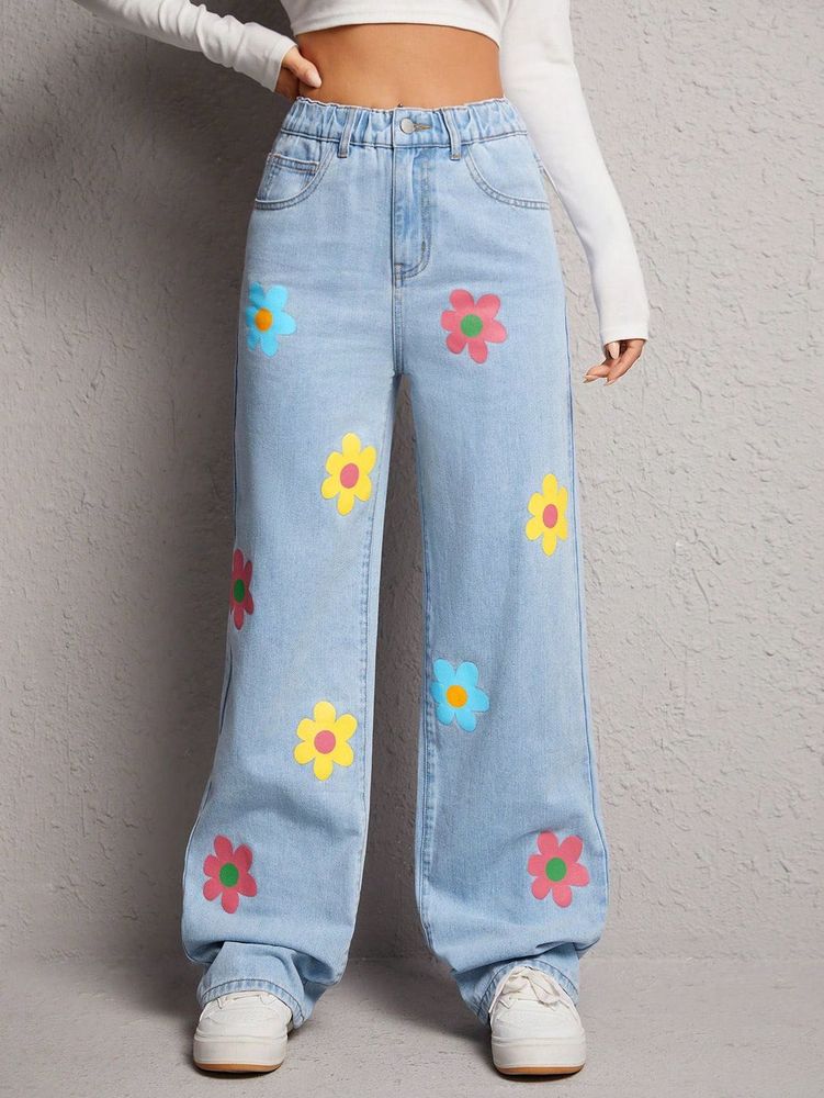 New Jeans With Flowers Print Never Worn