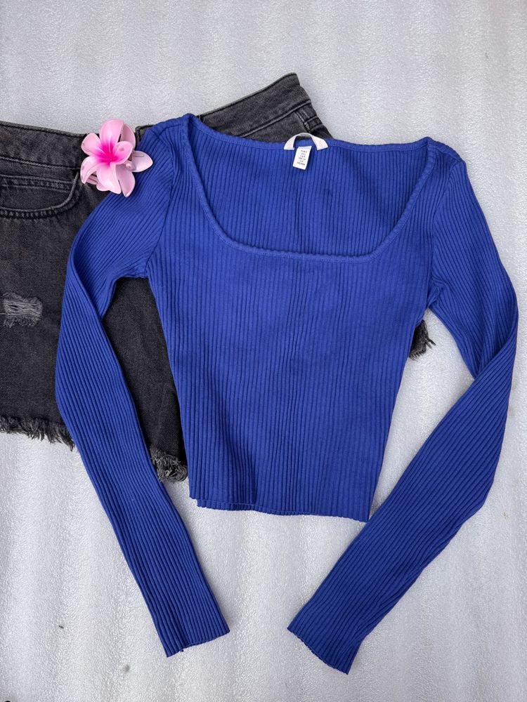 Blue Ribbed Long Sleeve Top