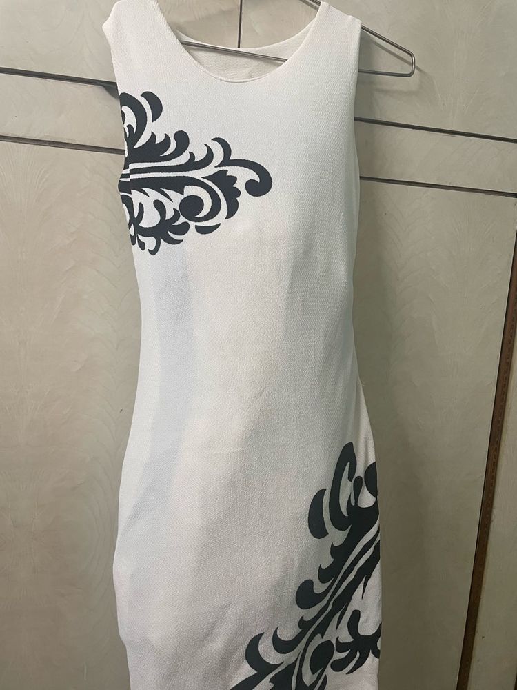White Dress with Black Floral Detail