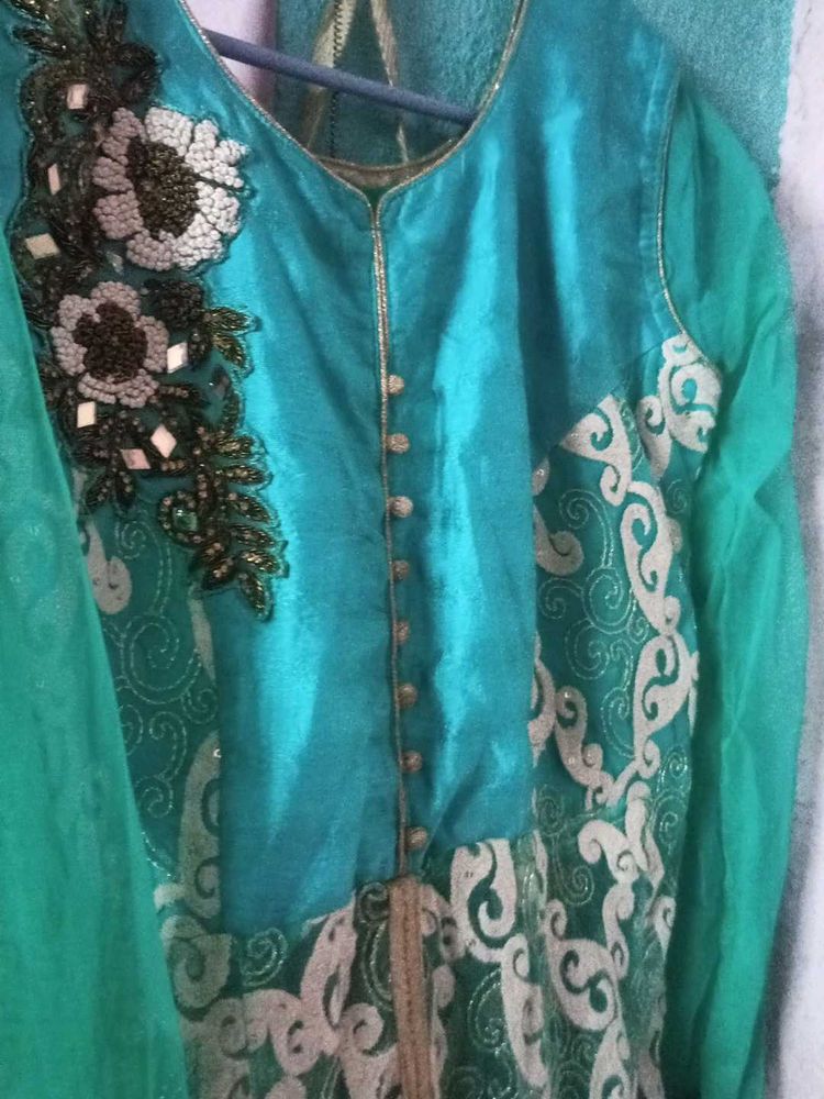 Sea Green Ethnic Gown In Good Condition