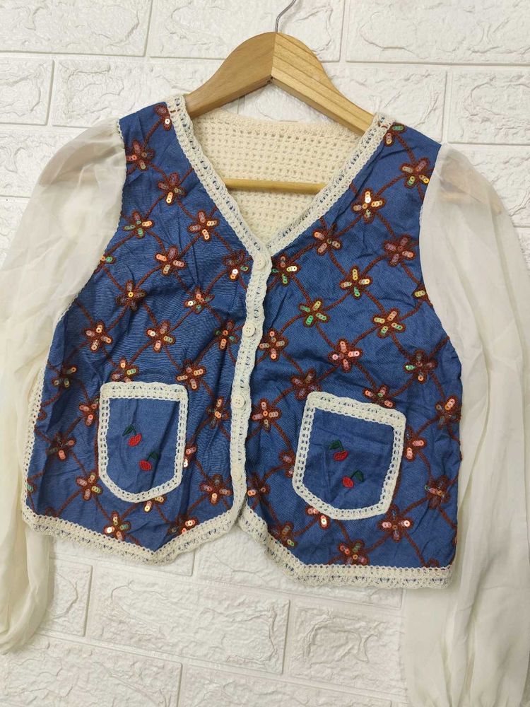 Korean Floral Embroidered Cropped Top