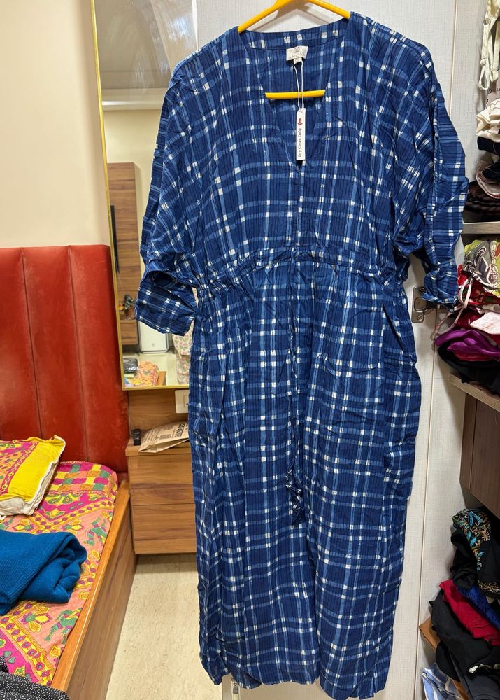 anokhi Blue Plaid Midi Dress