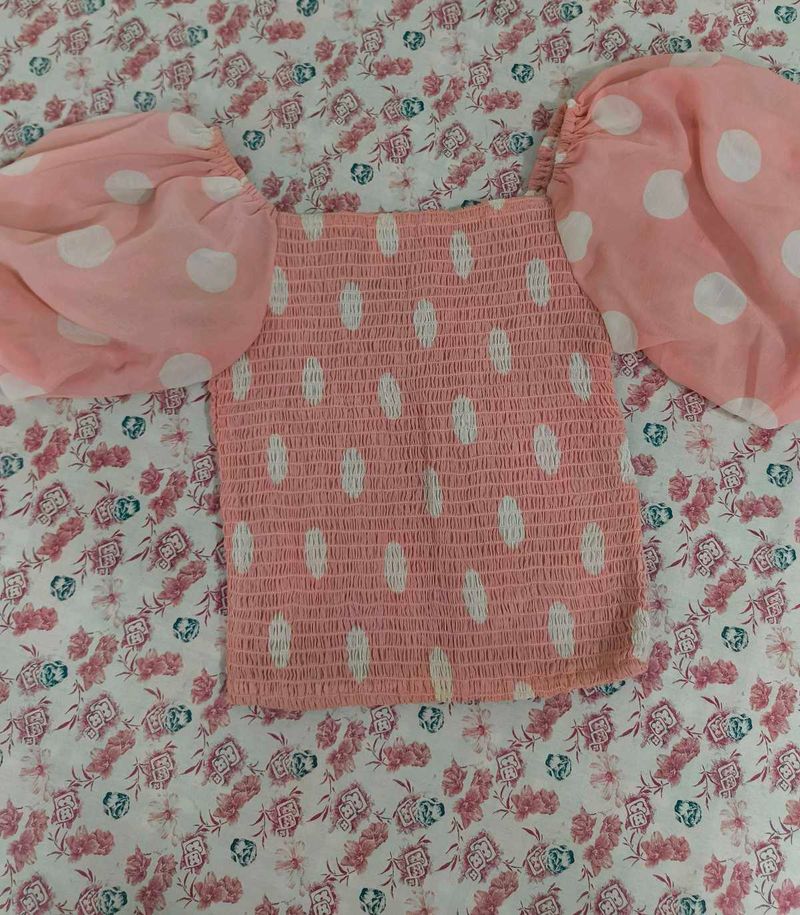 Pink Polka Dot Puff Sleeve Top