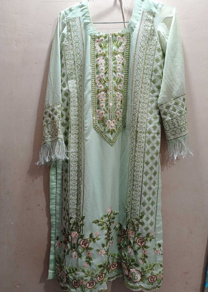Mint Green Embroidered Straight Suit With Pant