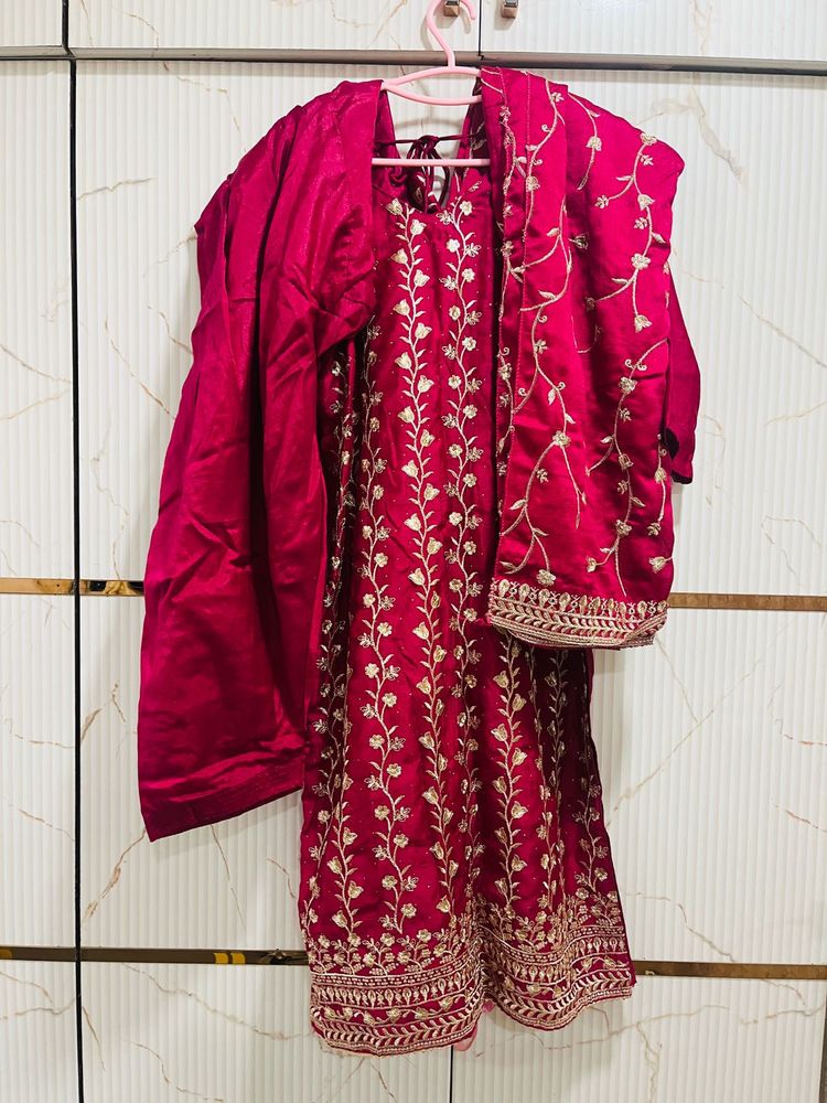 Wine Red Embroidered Kurti with Dupatta