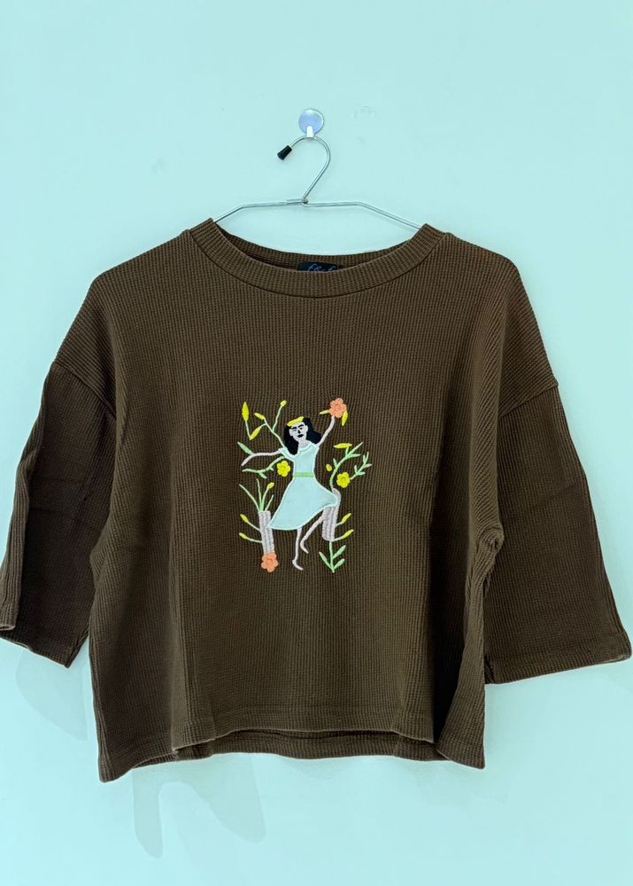 Brown Embroidered Crop Top