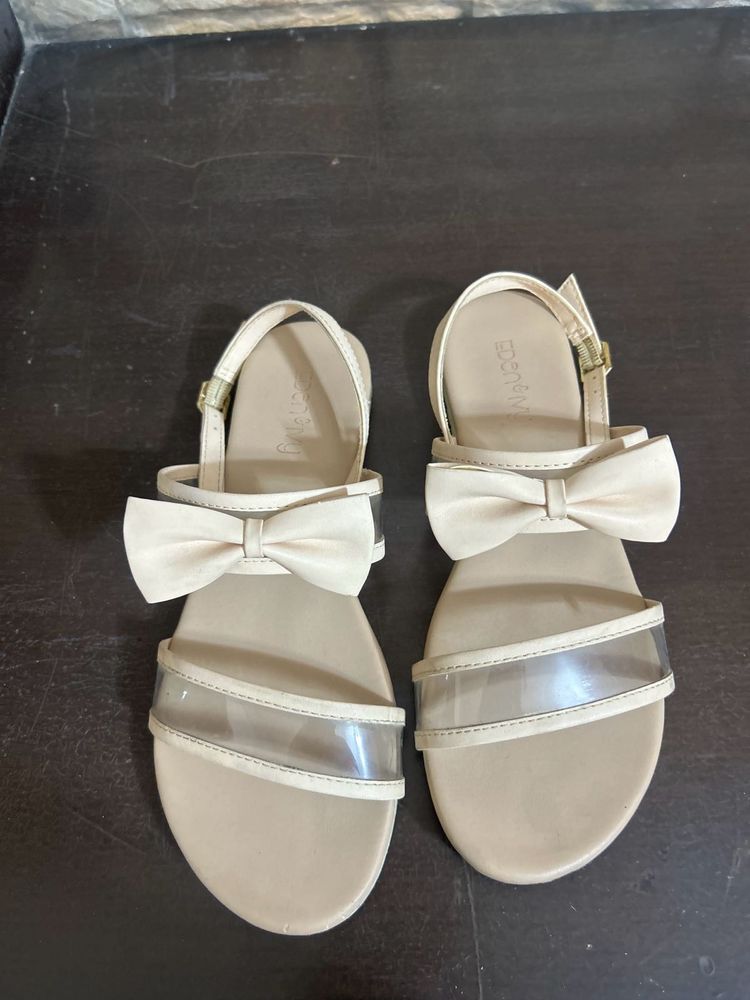 Cream Flat Sandals with Bow &amp; Transparent Strap