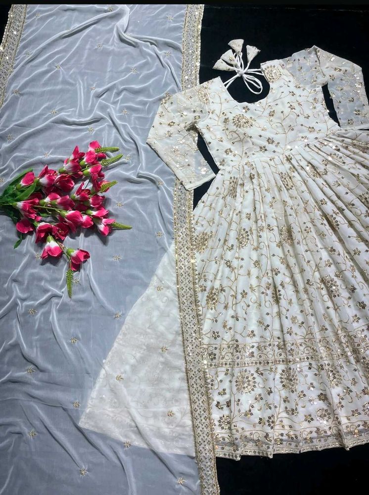 Elegant White &amp; Gold Anarkali Suit