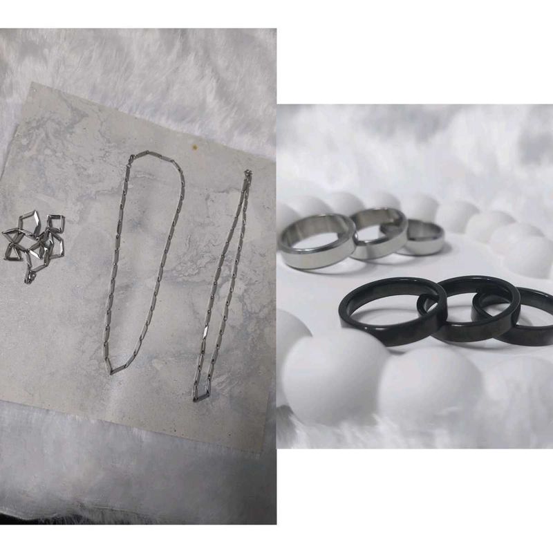 Silver Chain Necklace-1&amp;Finger Rings-2