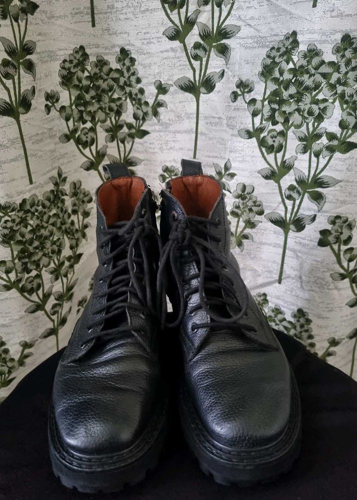 Black Leather Lace-Up Combat Boots
