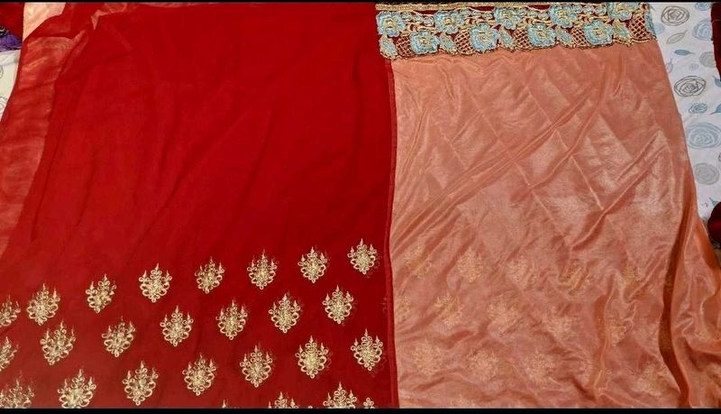 Embroidered Red &amp; Peach Fabric