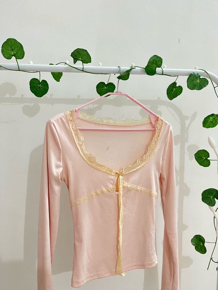 Pink Lace Trim Long Sleeve Top