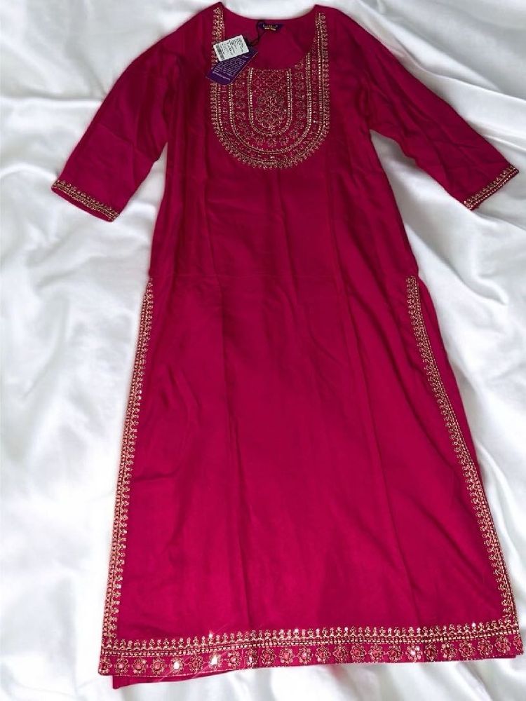 Royal Pink Kurta With Mirror Work Golden Embroider