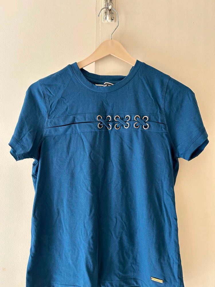 Teal Blue Eyelet Detail T-Shirt