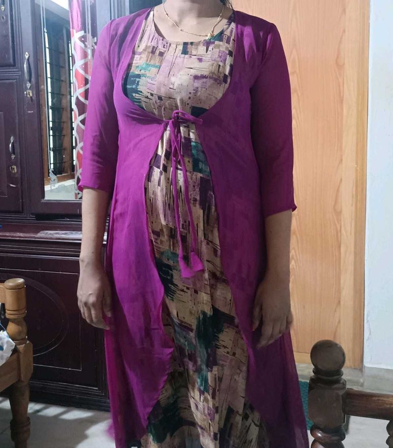 Magenta Kurta with Attached Shrug