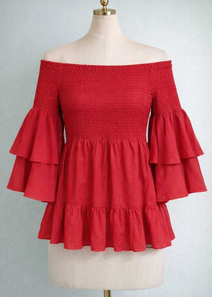 Atraenta Red Off-Shoulder Ruffle Top