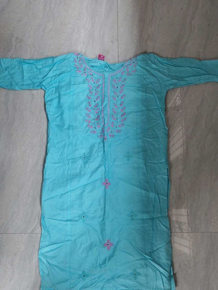 Cyan Colour Kurti With Embroidery