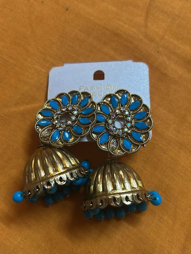 Blue &amp; Gold Jhumka Earrings
