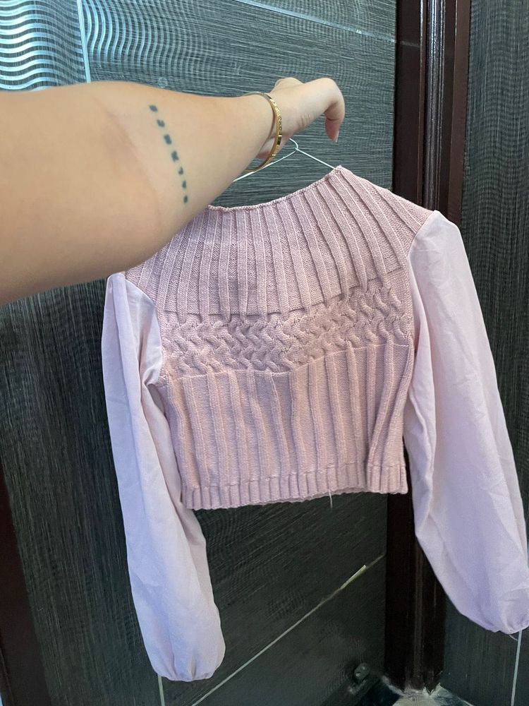 Pink Knit &amp; Chiffon Sleeve Top