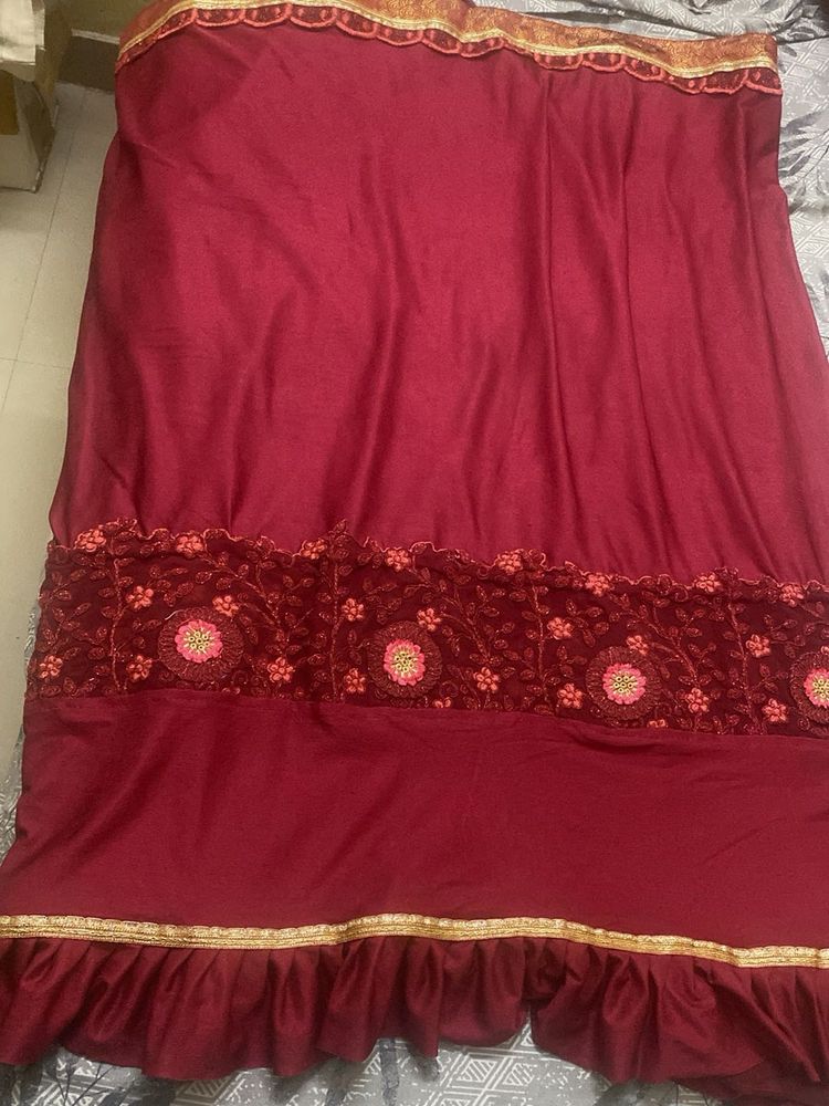 Maroon Embroidered ruffled saree