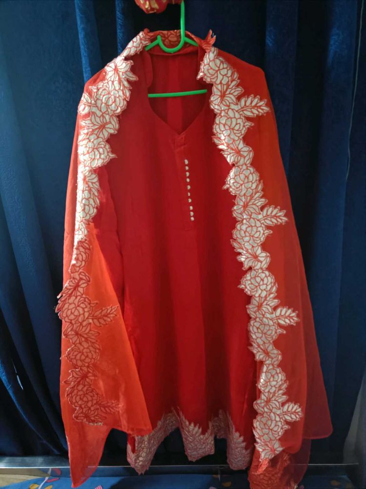 Red Embroidered Kurta Set
