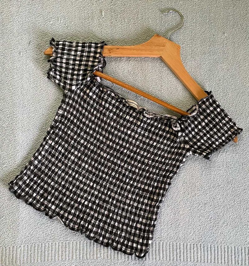 Korean Gingham Smocked Off-Shoulder Top