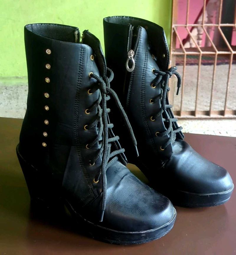 Black Wedge Heel Boots