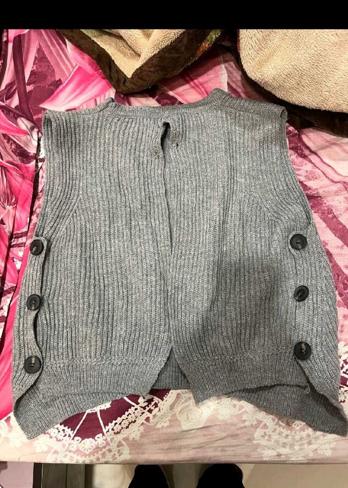 Gray Knit Button Vest