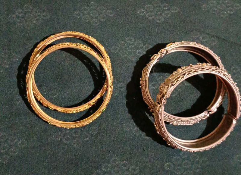 Golden Bangles And Silver Bracelet Set