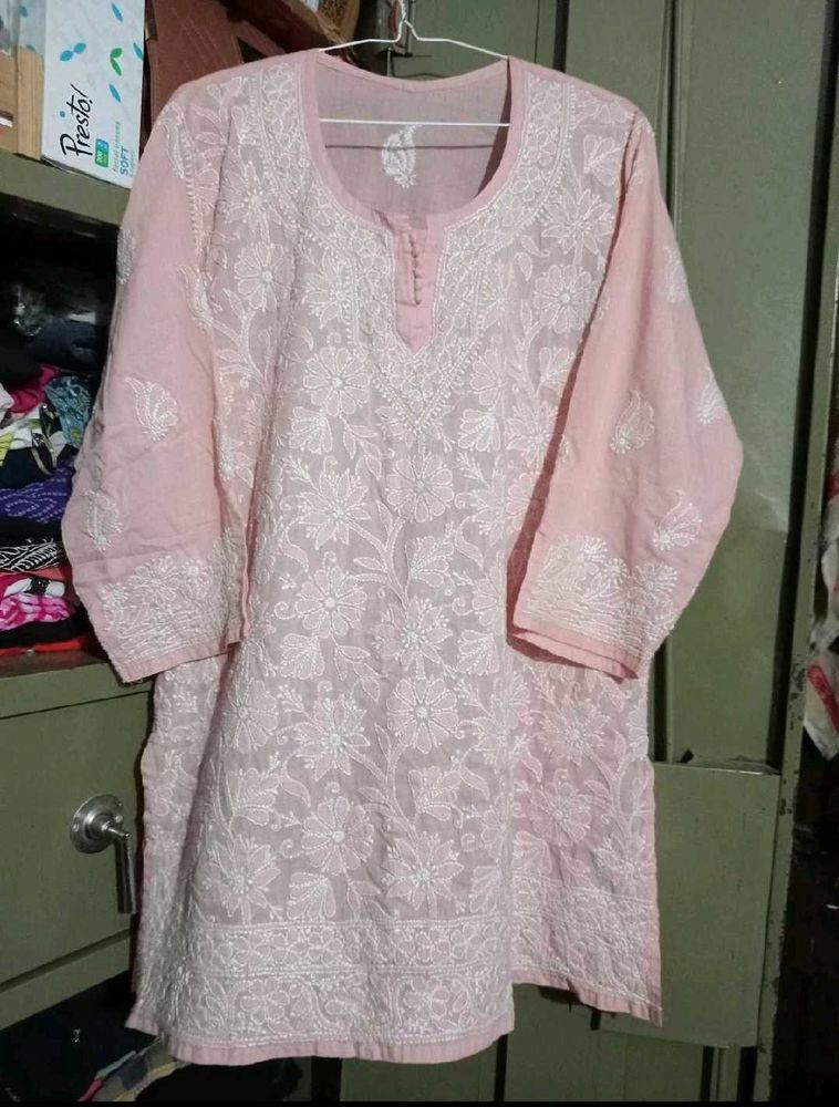 Elegant Peachy Pink Chikenkari Kurta