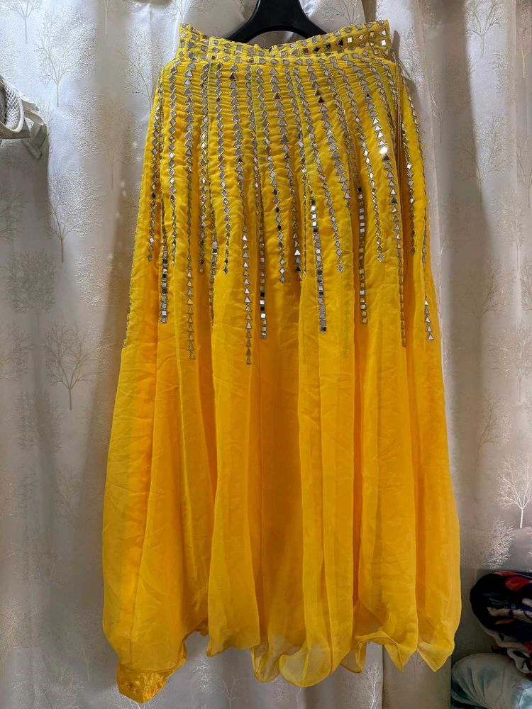 Mirror Work Yellow Lehenga With Blue Choli