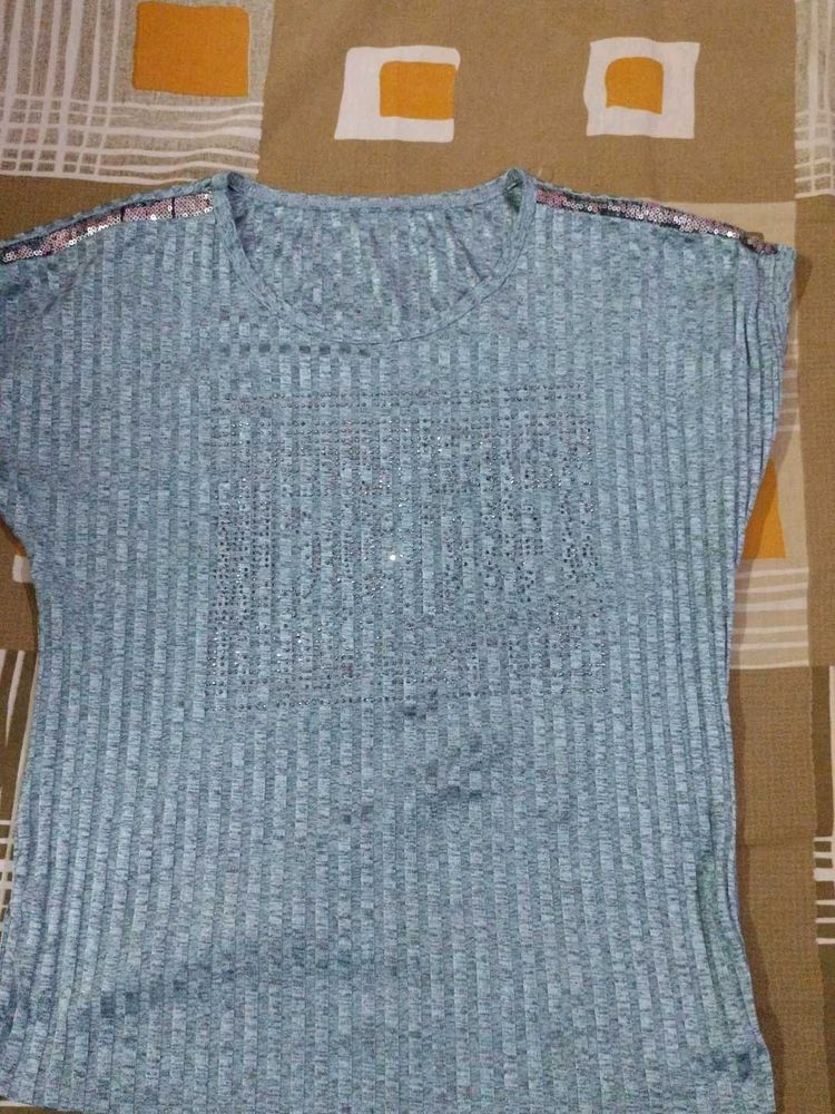 Light Blue Sequin Shoulder Top - Size M