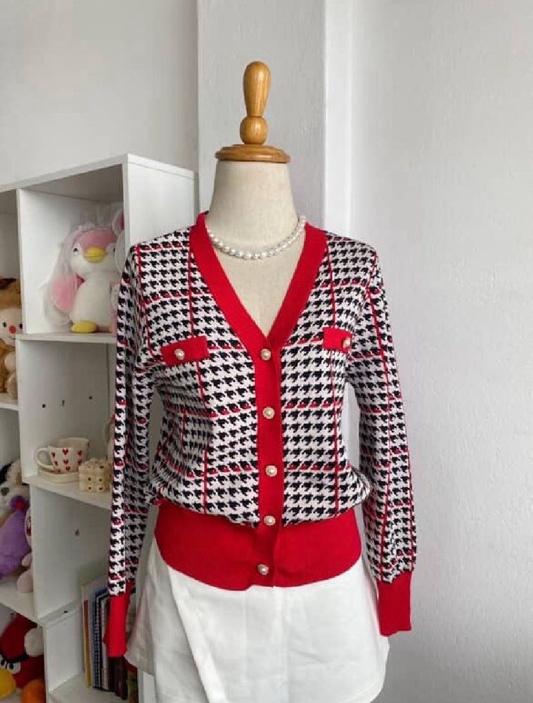 Red Long Sleeve V Neck Sweater