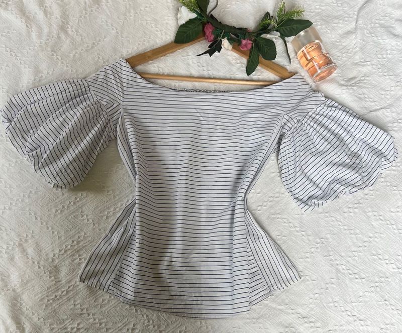Striped Off-Shoulder Puff Sleeve Top