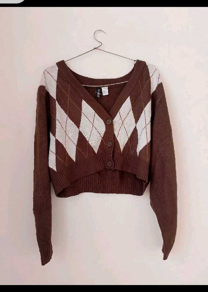 H&amp;M Brown Argyle Crop Cardigan.