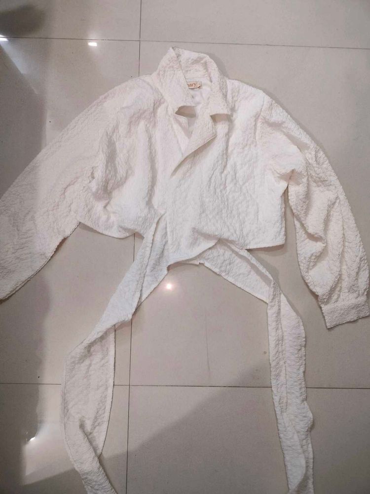 Textured White Crop Wrap Top