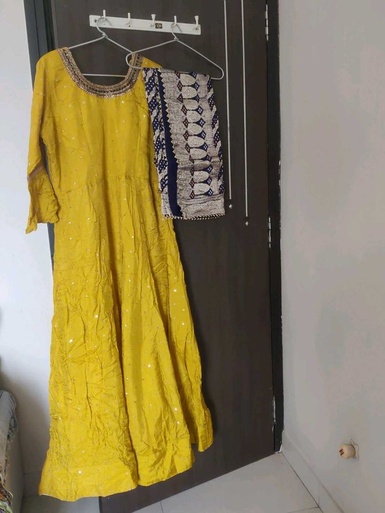 Yellow Indo western gowm with dupatta