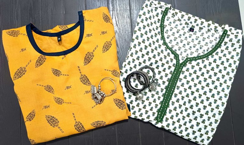 Combo of 2 Cotton Straight Kurties White &amp; Mustard