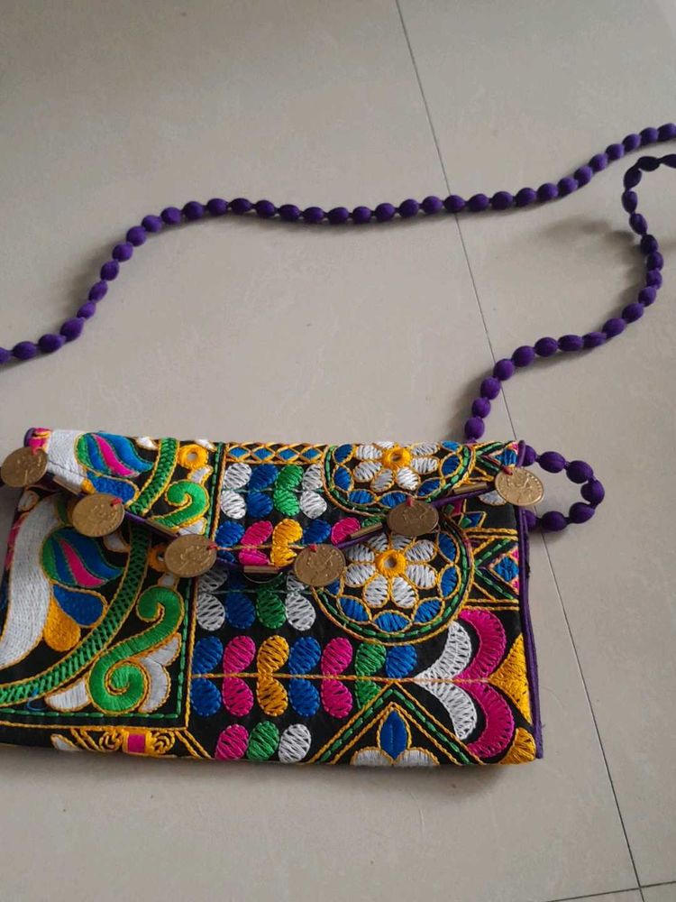 Embroidered Coin Detail Shoulder Bag