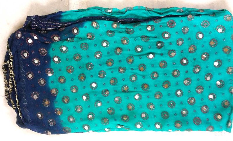 Teal &amp; Navy Mirror Embroidered Dupatta