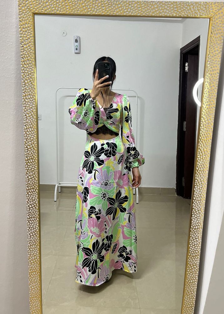 ASOS LACE INSERT SATIN FLORAL MIDI DRESS