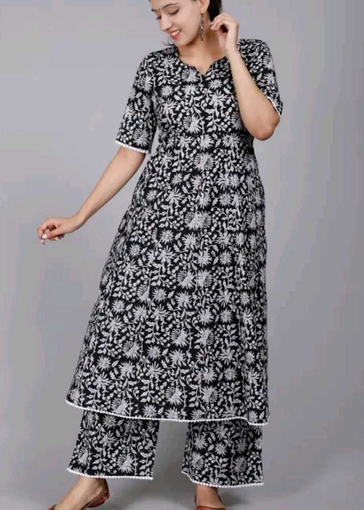 Black &amp; White Floral Kurta Set