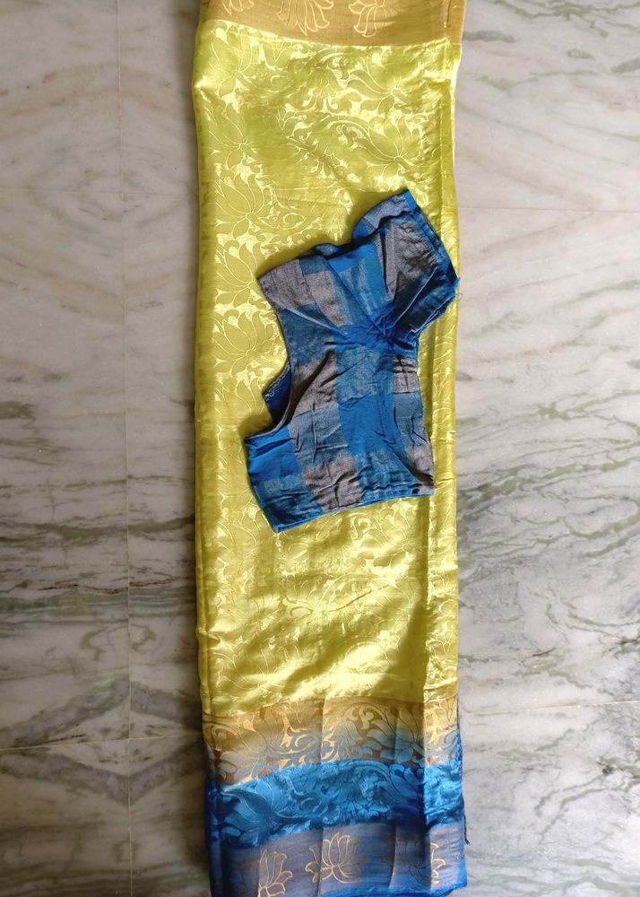 Party Ware Light Green &amp; Blue Colour Saree With Blouse