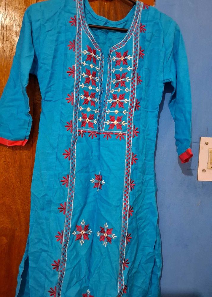 Gujrati Pattern Blue Long Kurti