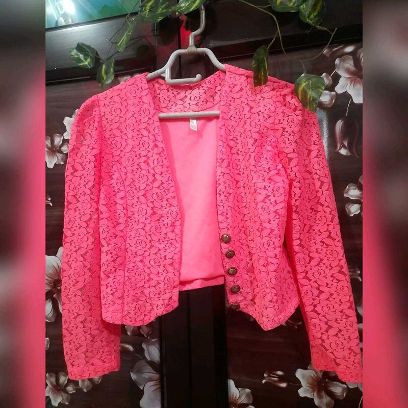 Hot Pink Lace Cropped Blazer