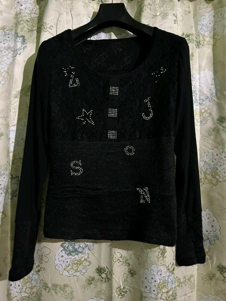 Embellished Black Long Sleeve Top
