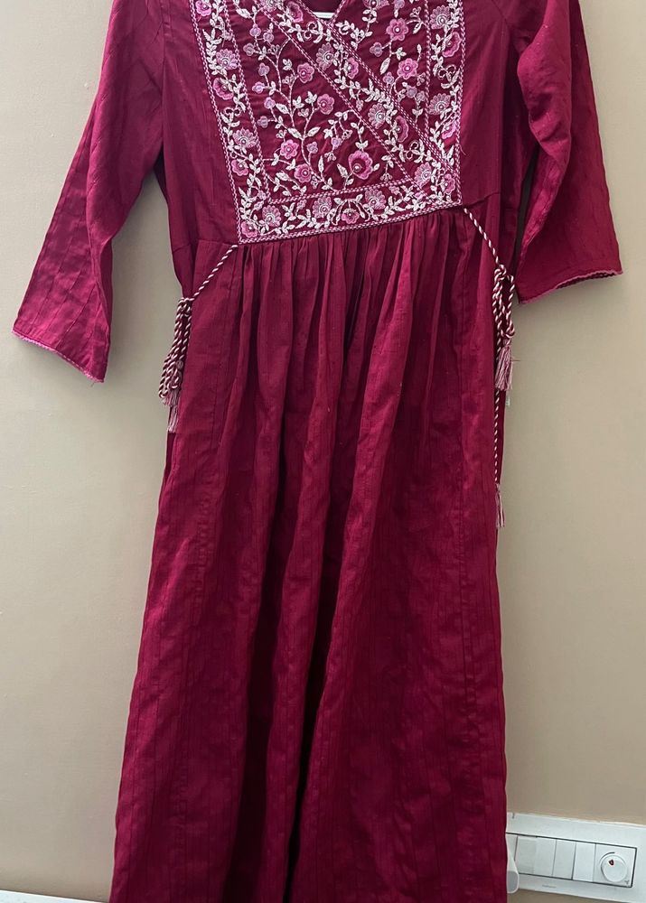 Maroon Embroidered Kurta