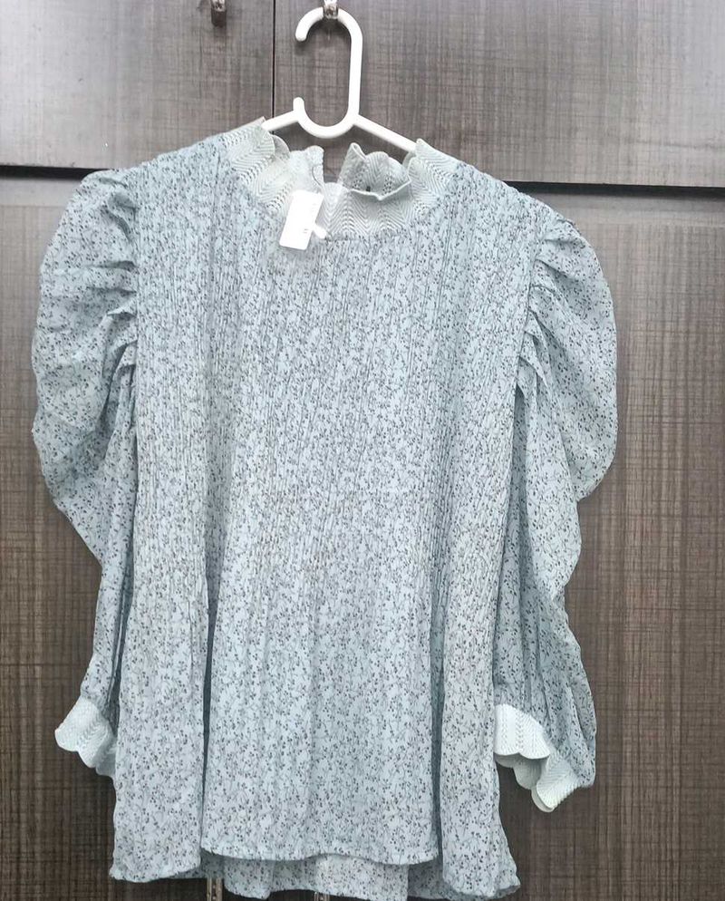 Powder Blue Floral Print Top with Long Puff Sleeve